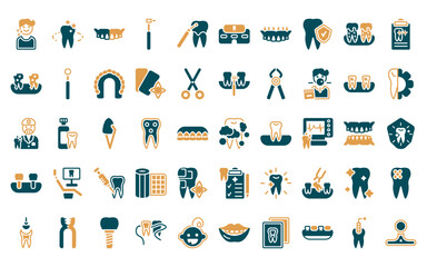 Sticker - 50 linear dentist icon pack. vector thin line tooth cleaning, tooth whitening, denture, dentists dri