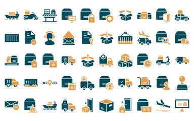 Sticker - 50 linear delivery and logistics icon pack. vector thin line container hanging, weight, ship by sea,