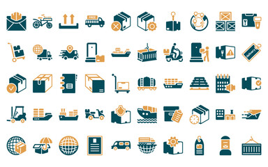 Sticker - 50 linear delivery and logistics icon pack. vector thin line cargo train, delivery by bike, side up,