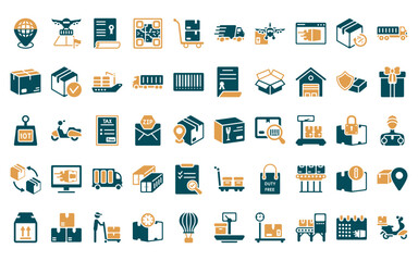 Sticker - 50 linear delivery and logistics icon pack. vector thin line fragile, arrival, charter, qr code, tro