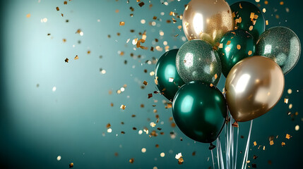 Wall Mural - sparkling green and gold balloons with confetti on teal background.