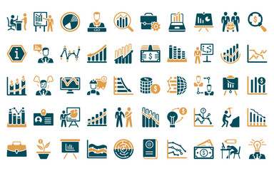 Wall Mural - 50 linear business icon pack. vector thin line one dollar coins, businessman showing a project sketc