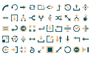 Sticker - 50 linear arrows icon pack. vector thin line enter up, undo arrow, right arrow, no shuffle, extract,