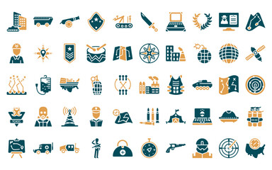 Wall Mural - 50 linear army icon pack. vector thin line industrial building with contaminants, amphibian, cannon,