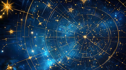 Wall Mural - zodiac signs and constellations in a cosmic sky. astrology theme digital illustration with star map