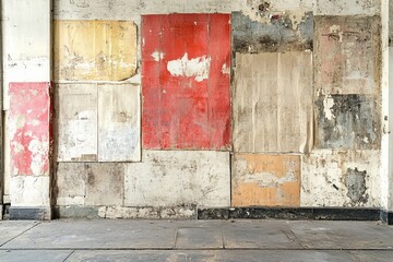 Colorful, peeling posters create an urban art backdrop on a weathered wall in an abandoned space during daylight