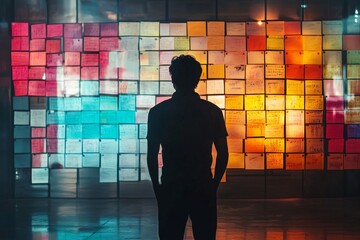 reflection of a viewer before a colorful wall of notes in an urban setting during evening hours