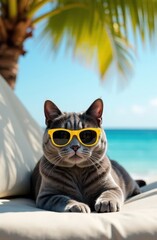 Wall Mural - A cat in sunglasses on a sunbed against the background of the sea . A creative cat. Vacation advertising. Photos for printed products. Funny pet