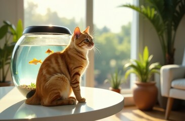 Wall Mural - the cat is sitting near the aquarium. Pets .