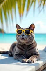 Wall Mural - A cat in sunglasses on a sunbed against the background of the sea . A creative cat. Vacation advertising. Photos for printed products. Funny pet