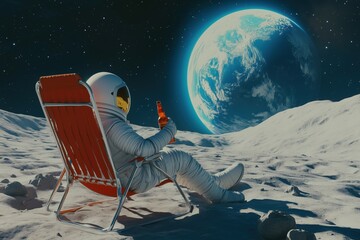 Wall Mural - back view of lunar astronaut opens a beer bottle while resting in a beach chair on moon surface, enj