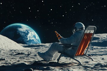Wall Mural - back view of lunar astronaut opens a beer bottle while resting in a beach chair on moon surface, enj