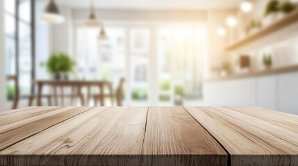 Wall Mural - Empty wooden table top with a blurred white kitchen interior background for product display presentation. Abstract blurred bokeh of a modern, clean home scene.