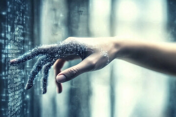 hand reaches out to digital code in a futuristic environment, symbolizing technology and connection