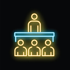 Poster - Neon glowing icon of a businessman standing at a table and giving a presentation to three colleagues sitting in front of him