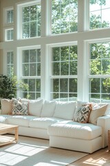 Wall Mural - Bright Modern Living Room with White Sofa and Large Sunlit Windows