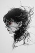 © kvladimirv - Surreal Black and White Portrait with Red Accent Eye and Flowing Hair