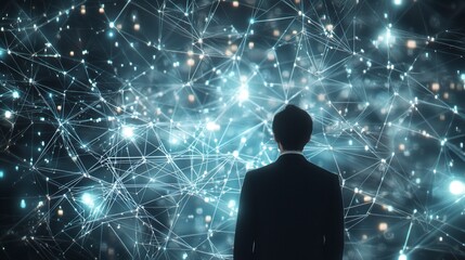 Man in Suit Observing Abstract Digital Network Connections