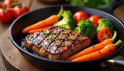 Wall Mural - Deliciously cooked steak with fresh vegetables in a skillet on a wooden table