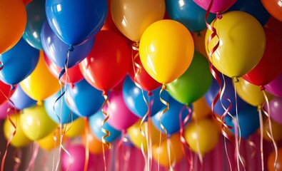 Wall Mural - Vibrant colorful balloons with curling ribbons - festive party decoration background balloon background balloon background party holiday celebration decoration