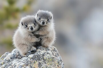 Photo of two baby marmots, one is small and the other larger, both standing on top of each other on an outcropping in a rocky mountain wilderness. 