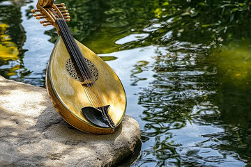 Wall Mural - Bandura resting on a stone by the riverbank