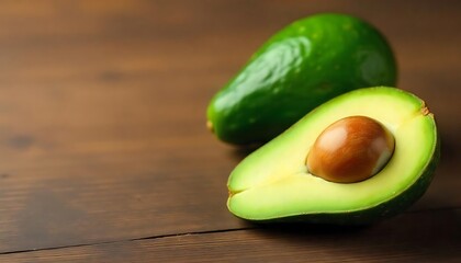 Wall Mural - Two avocados, one whole and one halved with pit, on a wooden surface