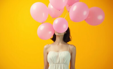 Wall Mural - Pink balloons, obscured face, white dress, yellow background, vibrant colors, celebratory mood, minimalist portrait, studio photography, fashion concept, surreal imagery, pop art style, playful compos