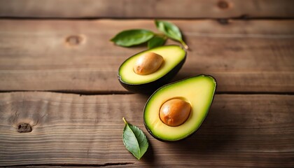 Wall Mural - Two avocado halves with seeds and leaves on a rustic wooden table backdrop