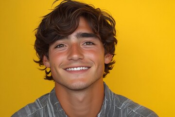 Young man smiles warmly against a bright yellow background while wearing a casual shirt during a joyful moment indoors