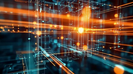Wall Mural - complex network of interconnected nodes and glowing lines representing data flow and processing in a