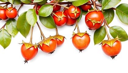 Wall Mural - Red fruits with gold caps hang on a tree branch with green leaves against white background