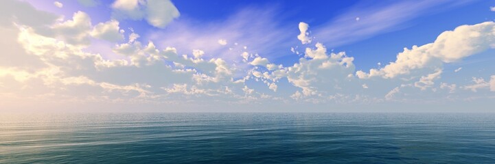 Wall Mural - Clouds over water, sea panoramic landscape sunset on the ocean, , 3d rendering