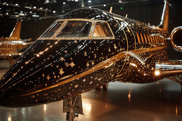 Wall Mural - Closeup of a business private jet, luxury black and gold private jet at millionaire hangar parking