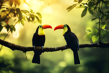 Toucan sitting on the branch in the forest, green vegetation, Costa Rica. Nature travel in central America. Two Keel-billed Toucan, Ramphastos sulfuratus, pair of bird with big bill. Wildlife.