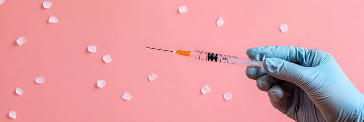 Canvas Print - Horizontal banner. National Influenza Vaccination Week. Hand in medical glove with syringe on pink background. National Immunization Awareness Month. Immunization and vaccination. Free space for text