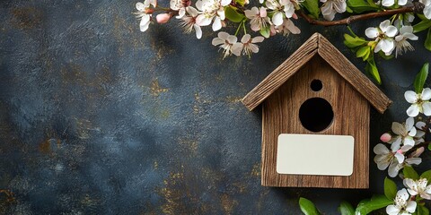 Charming wooden birdhouse adorned with blossoms, inviting nature's gentle embrace  