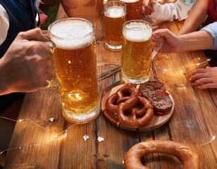 Friends toasting with beer mugs at german biergarten