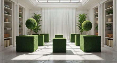 Wall Mural - Geometric hedge cubes placed symmetrically on a white backdrop