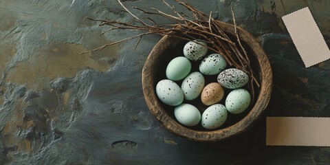 Serene Nest: A Rustic Bowl of Colorful Eggs Symbolizing New Beginnings and Hope