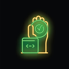 Wall Mural - neon hand holding verified badge with programming code symbol on black background