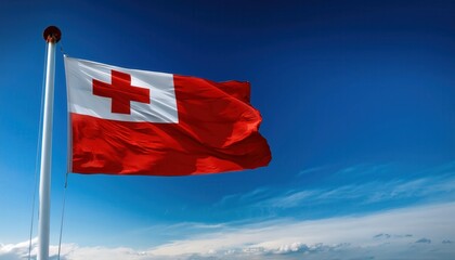 Wall Mural - A bright Tonga flag flutters gracefully on a pole, set against a clear blue sky