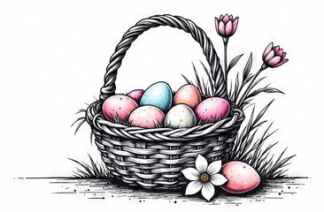 Wall Mural - A Colorful Easter Egg Basket adorned with Beautiful Spring Flowers for festive decorations