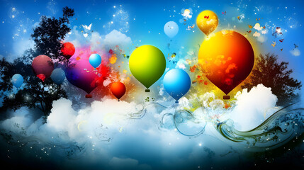 18. a surreal depiction of colorful balloons rising into the clouds, surrounded by glowing trails of