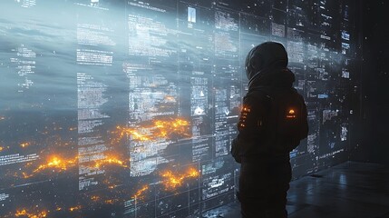 Futuristic Figure Reviews Complex Data Streams