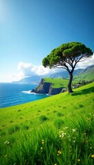 Wall Mural - Green field and eucalyptus trees in north coast of Ponta de Sao Lourenco Madeira, coastal, green field