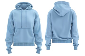 front and back views of a classic light blue hoodie with a drawstring hood, isolated on white.