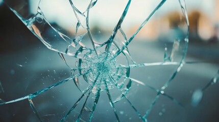 Close up of shattered glass from accident showcasing cracks and edges in a blurred background