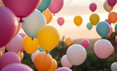 Wall Mural - Pastel balloons floating at dawn colorful latex balloons in a dreamy sunrise landscape with lush greenery balloon background balloon background party holiday celebration decoration