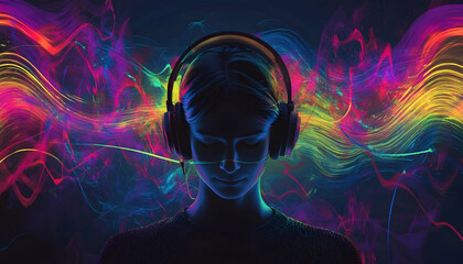 Wall Mural - Portrait of a person immersed in music with vibrant sound waves radiating around headphones  -